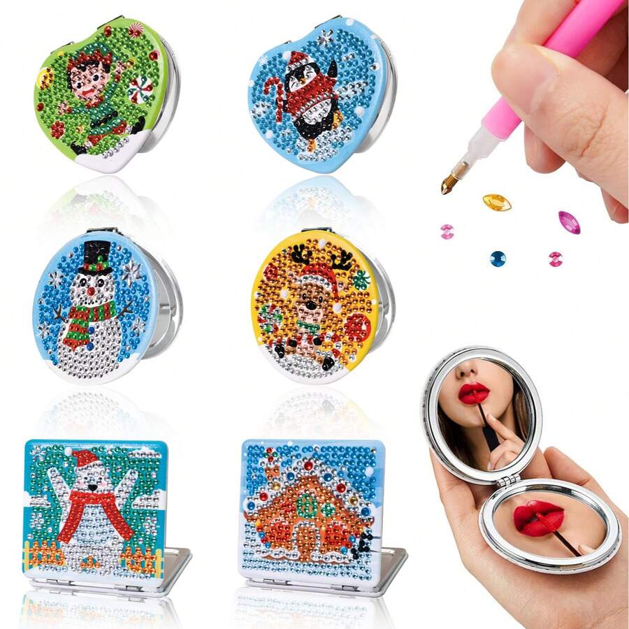 Zestaw do malowania diamentami 1 szt., mini lusterko, bałwanek, postać z kreskówki, wzór pingwina, materiał ze skóry PU, składane, dwustronne lusterko z kryształkami, odpowiednie do podróży, na wycieczkę, prezent świąteczny