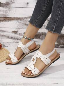 女士柔软舒适平底凉鞋，编织镂空弹力凉鞋，优雅波西米亚风沙滩休闲性感PU皮镂空平底凉鞋，沙滩节日假日夏季 - 白色 - 查看 4