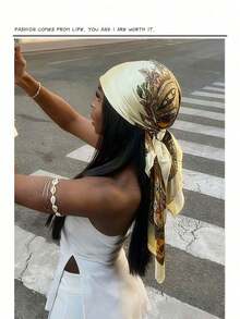 1pc Minimalist Printed Satin Scarf, New Spring Fashion Accessory Scarf, Suitable For Women, Can Be Used As A Waistband, Bag Decoration, Ribbon, Headband Or Scarf, An Ideal Choice To Enhance Your Overall Look. - 米色 2 - 查看 1