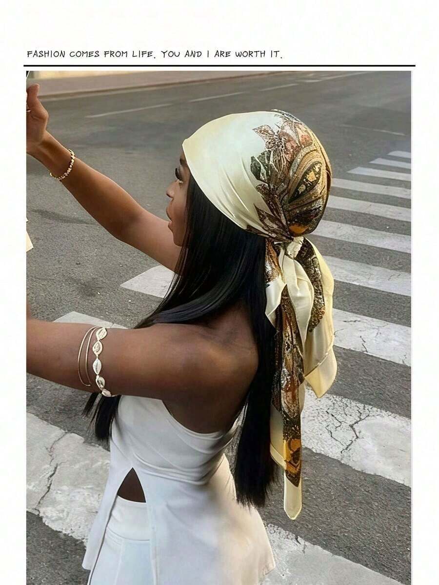 1pc Minimalist Printed Satin Scarf, New Spring Fashion Accessory Scarf, Suitable For Women, Can Be Used As A Waistband, Bag Decoration, Ribbon, Headband Or Scarf, An Ideal Choice To Enhance Your Overall Look. - 米色 2 - 查看 1