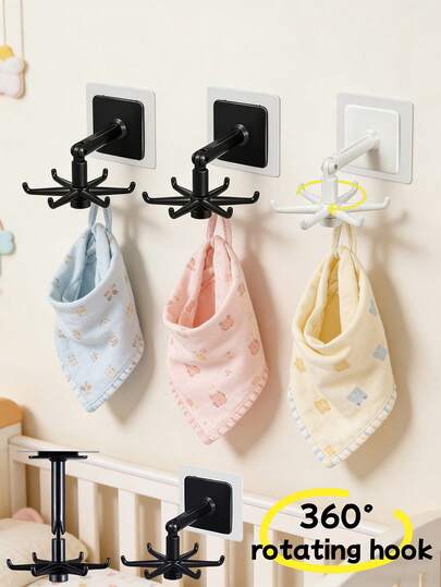 4 PIEZAS - Ganchos giratorios plegables multiusos para habitación infantil y habitación de bebé, soporte colgante para utensilios con 180 grados de rotación vertical, con autoadhesivo y 6 ganchos (negro, blanco)