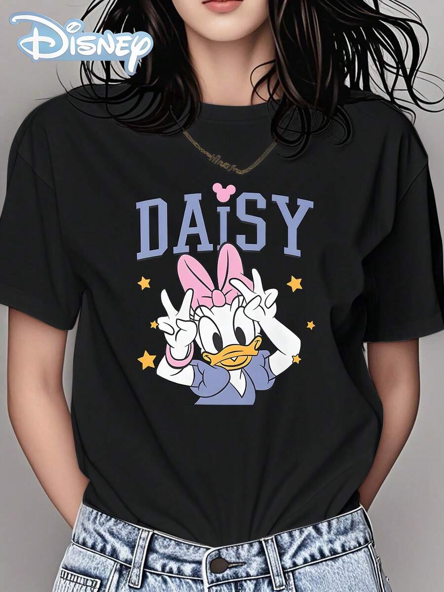Disney Graphic & Letter Print, Women'S Casual Summer T-Shirt, Cute Cartoon Design With Stars & Flowers, Soft, Perfect For Hiking & Casual Attire, Hiking Clothing | Graphic Tshirt | Vibrant Print - màu đen - Xem 1