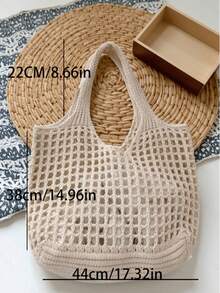 Summer New Fashion Women Daily Lightweight Hollow Turtle Pattern Knitted Tote Bag, Large Capacity Shoulder Bag, Suitable For Shopping, Travel, Outdoor And School. Multifunctional Storage Commuter Hobo Bag, Suitable For Beach Vacation Or Easy Carrying - Beige - View 7