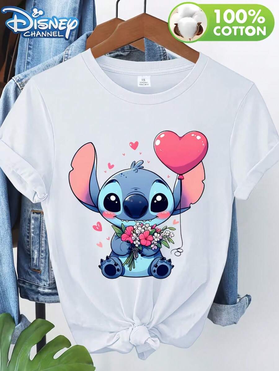 Disney-Licensed Stitch Bouquet From Lilo & Stitch, Romantic Floral Print, Women's Round Neck, Suitable For Spring, Summer, And Autumn Wear As An Outer Layer Or Inner Layer. New Versatile, Casual, Soft And Comfortable T-Shirt. - White - View 1