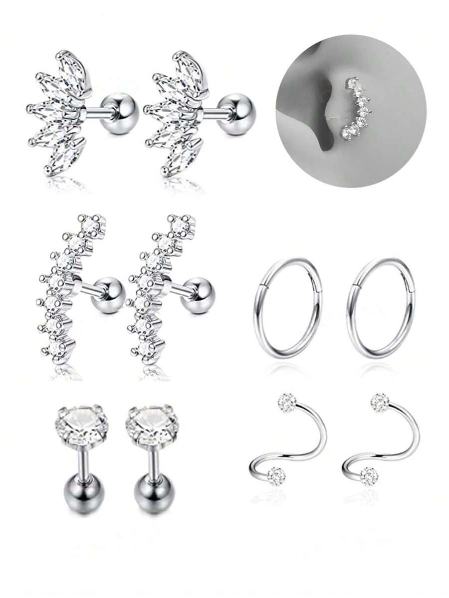 10只装不锈钢16G耳夹耳环，男女通用螺旋小耳环，锆石耳软骨穿刺饰品 - 銀色款 - 查看 1
