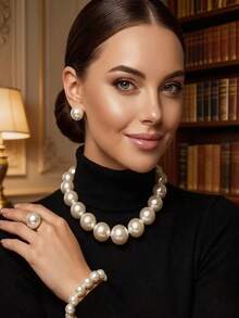 1件/5件套优雅别致的法式奢华大珍珠项链、手链、戒指、耳环首饰套装。时尚百搭、奢华迷人的女士首饰，适合派对、婚礼、聚会和日常佩戴。 - 優雅氣質輕奢風 - 查看 9
