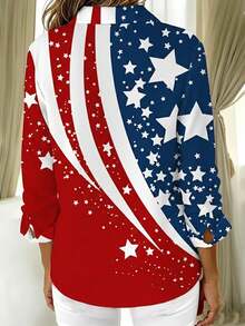 Patriotic Red White Blue Flag Pattern Casual Plus Size Women Blouse, Bohemian V-Neck Long Sleeve Top, Fashionable Versatile Ladies Apparel - Red - View 3