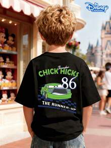 Disney Cars Chick Hicks Double-Sided Print Kids T-Shirt, Black Loose Crew Neck Top, No.86 Logo Front + Racing Car Print Back, "THUNDER" Slogan, Full Of Racing Cool Vibe, Breathable Skin-Friendly, All-Match For Summer Park & Street, Unisex - 黑色 - 查看 3