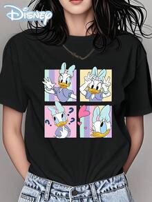 Camiseta gráfica de pato para mujer de Disney - Azul suave, de manga corta, camiseta de verano casual con diseño de dibujos animados juguetón, perfecta para senderismo y atuendo casual, camiseta de atuendo casual | Camiseta con diseño juguetón | Camiseta de ajuste cómodo - Negro - Ver 1