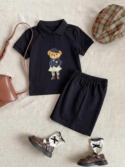 2pcs/Set Young Girl' School Style Bear Print Polo Shirt + Shorts Set