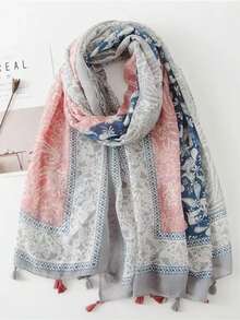 1pc Floral Print Casual Fashion Sunscreen Scarf, Beach Resort Windproof Sunshade Shawl, Daily Decorative Tassel Wrap - Multicolor - View 7