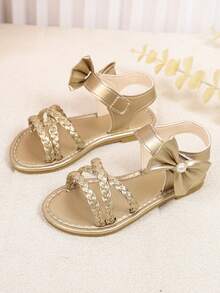 2026 New Arrival Summer Gold Woven Criss-Cross Pearl Bow Sandals - Gold - View 6