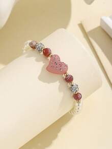 1件 时尚简约珍珠天然石心形串珠手链 - 粉色 - 查看 4