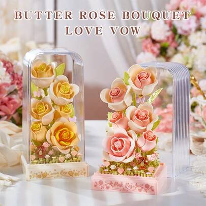 300pcs/Set DIY Everlasting Creative Flower Pot Succulent Plant Building Blocks, Lychee Rose, Jasmine, Cream Rose, Dust Cover, Suitable For Hobbyists And Collectors, Desktop Decor, Girls Festival Gift, Valentine's Day Gift, Ideal Birthday Or Christmas Gift
