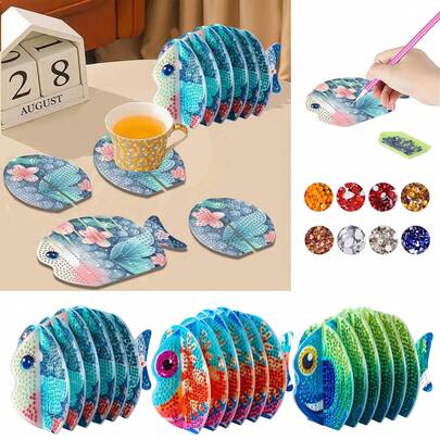 1 Set Diamond Painting Art Coaster, Koi Fish Pattern, Acrylic Material With Diamond Mosaic Decoration, Suitable For Home, Living Room, Kitchen, Office, Cafe Tabletop Decor