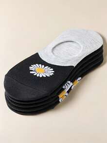 5 Pairs Women's Thin Floral Print Non-Slip Silicone Grip Boat Socks, Suitable For Spring And Summer - Multicolor - View 5