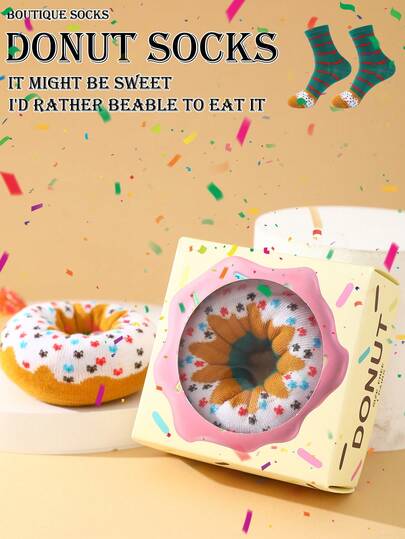1 双新款趣味多彩甜甜圈中筒袜礼盒装，春夏男女通用运动袜，创意十足的食物主题设计，针织面料，长款加厚柔软舒适，是生日、情人节、复活节、节日、嘉年华、约会、派对、假日等场合的完美礼物，独特时尚的日常休闲袜，食物主题穿搭，适合所有季节，是情侣、朋友、度假、户外运动、健身房、居家、办公等场合的理想之选。