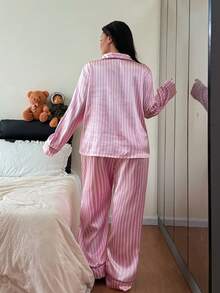 Dreamivo 两件套加大码女式粉色条纹长袖睡衣套装 - 粉色 - 查看 2