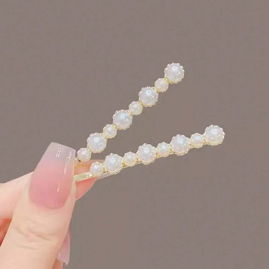 1 Pair White Pearl Minimalist Hair Clip, Elegant Daily Use, Hair Claws, Hair Slide, Hair Barrettes - White - View 1