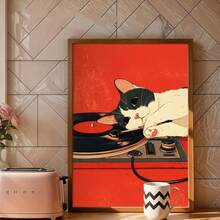 1幅艺术版画 | 可爱猫咪DJ播放黑胶唱片艺术版画 | 复古卡通风格墙面装饰 | 无框帆布墙画 | 适用于家居、办公室、浴室、厨房 | 非常适合复活节、情人节、斋月、房间装饰海报家居装饰墙画无框 - A - 查看 3