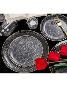 50/25/7件套透明金边圆形餐具套装，含沙拉盘，适用于盛放蛋糕、甜点、沙拉、汉堡、三明治、寿司，是婚礼、复活节、毕业派对、户外花园用餐、情人节、新年、母亲节礼物、返校季、斋月等场合的理想之选，也适合各种聚会（全套餐具，包括盘子、托盘、碟子和厨房用具）。 - 原木色 - 查看 6