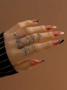 8pcs/Set Bohemian Style Rhinestone Butterfly Rings Set, Gift For Women - Silver - View 10
