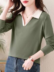 2025 新款秋季女式 Polo 领长袖 T 恤，时尚外套套头衫 - 軍綠色 - 查看 6