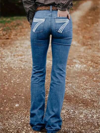 Women's Personalized Back Pocket Embroidery Design Flare Stretch Jeans Casual