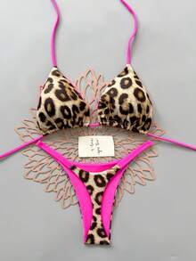 豹纹撞色滚边性感比基尼套装，适合度假海滩夏季穿着。 - 豹紋 - 查看 3
