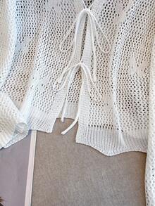 Áo khoác cardigan dệt kim khoét lỗ mùa hè dành cho nữ, kiểu dáng buộc dây phía trước, họa tiết bướm thanh lịch, duyên dáng và đa năng. - trắng - Xem 8