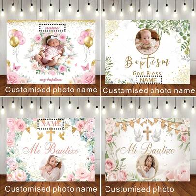 Customizable Photo Name My First Communion Baptism Theme Banner Backdrop Gold Glitter Sequins Pink Floral Gold Cross Decorative Design Suitable For Birthday, Wedding, BabyShower, And Other Themed Party Backdrop Decorations Photography Banner Vinyl