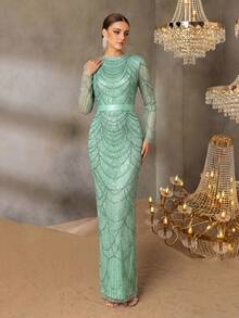Faeriesty Elegant Mint Green Beaded Evening Gown - Long Sleeve Spaghetti Strap Dress With Intricate All-Over Embroidery, Waist Tie Design Suitable For Romantic Valentine's Date, Luxurious Black Tie Gala, And Red Carpet Events Party Wedding - Green - View 5