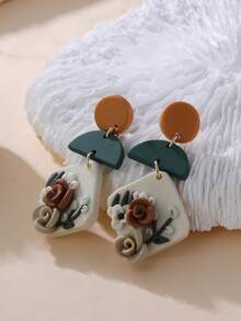 1 Pair Handmade 3D Floral Relief Geometric Patchwork Contrasting Color Retro Countryside Style Earrings, Suitable For Artistic Outfits, Markets, Daily Commute - Multicolor - View 3