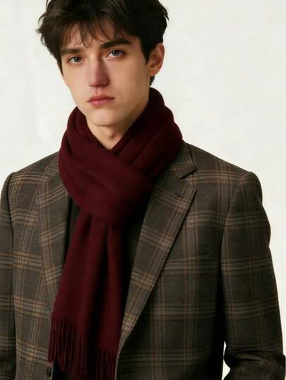 1pc Ivory Soft Faux Cashmere Fringe Long Scarf, Minimalist Elegant Shawl Wrap For Winter Warmth