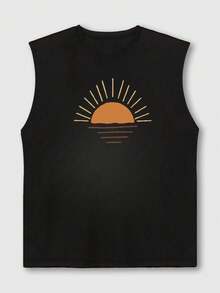 Áo tank top nam cổ tròn dáng rộng, in hình tranh phong cách tối giản lúc bình minh, hàng mới về mùa hè. - màu đen - Xem 4