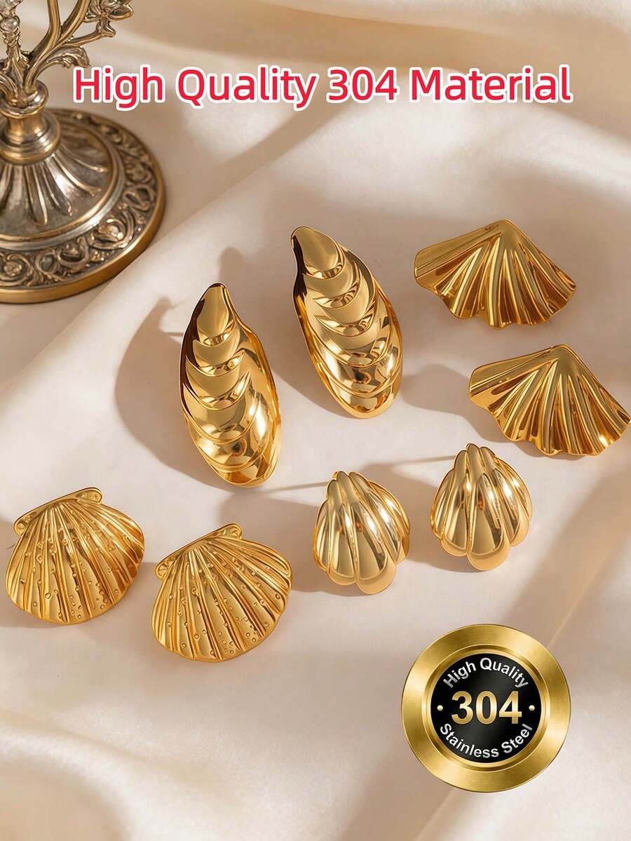 4对/8件，金色时尚女士耳环套装 - 夏季海洋系列耳环，包括大水滴贝壳耳环、贝壳耳环和扇形耳环 - 18K镀金厚实精致耳环套装，时尚优雅，适合日常聚会和派对。 - 金色 - 查看 1