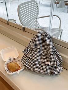 2026 New Arrival Elegant Ruffled Tote Bag, Women's Fashionable Large Plaid Shoulder Handbag With High Capacity - Black and White - View 11