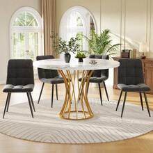 Dining Set (5 Pieces), Including A Table And Four Chairs, A Modern Kitchen Set, A Round Table 80 Cm In Diameter, Gold Metal Legs, A White Marble Top And Grey Velvet Dining Chairs. - Grey - View 2