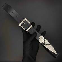 Punk Metal Western Sword Samurai Engraved Fashionable Belt, Retro Leather Belt Unisex - Black - View 6