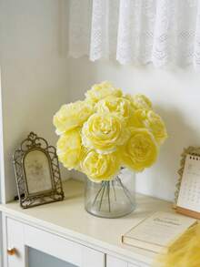 6/36支人造牡丹花带茎，适用于婚礼派对装饰、蛋糕装饰、家居客厅餐桌装饰、仿真植物、秋季装饰、房间装饰、书桌装饰、花园装饰等。 - 黃色 - 查看 4