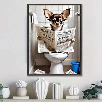 1pc Unframed Canvas Wall Art - Humorous Chihuahua Reading Newspaper On Toilet With Glasses, Modern Vertical Poster For Living Room, Bedroom, Bathroom Decor, 12x16 Inch, Perfect Gift For Dog Lovers, Bathroom Wall Art | Contemporary Poster | Unique Wall Poster, Bathroom Wall Decor