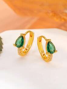 S925纯银微镶锆石双圈耳环，梨形水滴形奢华耳环，低过敏性，适合耳洞佩戴 - 彩色 - 查看 6