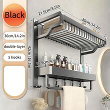 Bathroom Towel Rack, Wall-Mounted Organizer Shelf For Toiletries, No Drilling Required - Black - View 8