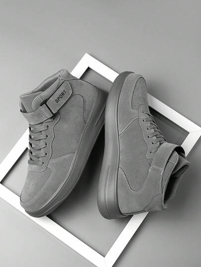 Men's Versatile Hook And Loop Decor High-Top Casual Flat Skateboard Shoes, Minimalist Campus Comfortable Outdoor Fitness Sports Sneakers