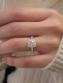 1 chiếc nhẫn vuông bằng bạc Sterling S925 sang trọng, đính đá Cubic Zirconia lấp lánh, quà tặng cho nữ nhân dịp lễ đính hôn, đám cưới và kỷ niệm. - Bạc - Xem 4