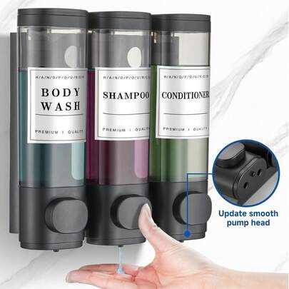 1 bình đựng xà phòng treo tường cho phòng tắm, thích hợp đựng sữa tắm, dầu gội và dầu xả - Kiểu bình bơm có khay đựng xà phòng, bình đựng xà phòng ba ngăn treo tường kiểu khách sạn không cần khoan. Thích hợp cho phòng tắm, nhà bếp, siêu thị, khách sạn và nhà hàng.