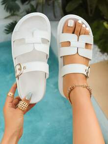 2026 Summer New Retro Thick Sole Slide Sandals, Fashion Roman Style Casual One-Strap Slippers For Women - White - View 7