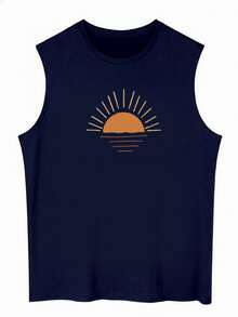 极简日出图案印花男士休闲宽松圆领背心，夏季新款 - 藏蓝色 - 查看 3