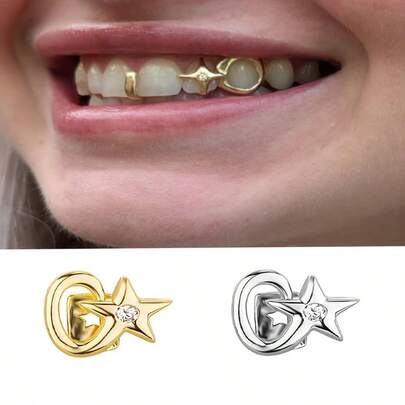 1pc Punk Hip-Hop Hollow Five-Pointed Star Tooth Jewelry, Gold-Plated Copper Women's Fashion Single Tooth Grillz, Halloween Jewelry Tooth Decor