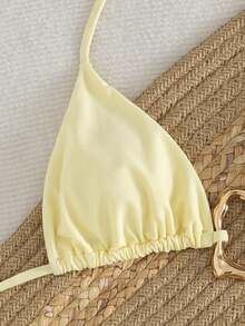 3pcs Solid Color Bikini Swimsuit Set, Spaghetti Strap Backless Design, Fashionable Casual Bikini Top And Shorts Set, Suitable For Women, Suitable For Easter, Party, Music Festival, Valentine's Day Occasions; Women's Beach Outfit; Women's Graduation Season Vacation Outfit; Women's Elegant Beach Swimwear; Women's Beach Bikini Swimsuit; Women's Swimsuit; Women's Swimming Suit; Summer Holiday Outfit - Yellow - View 4